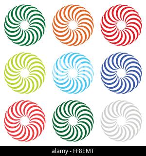Colorful concentric, radial, radiating spiral elements with curved lines Stock Vector