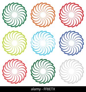 Colorful concentric, radial, radiating spiral elements with curved lines Stock Vector