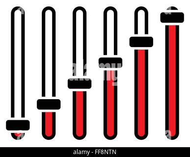 Vertical adjusters, sliders, faders or potentiometers in sequence. Simple user interface elements Stock Vector