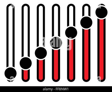 Vertical adjusters, sliders, faders or potentiometers in sequence. Simple user interface elements Stock Vector