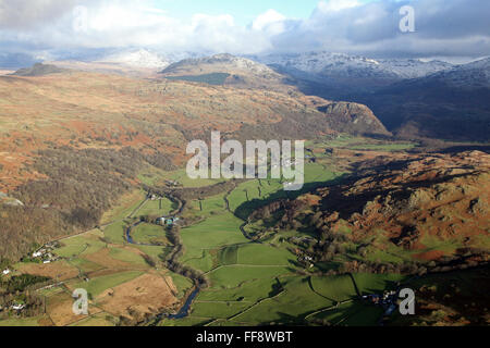 aerial view of Dunnerdale looking from Ulpha up the River Duddon, Cumbria, UK Stock Photo