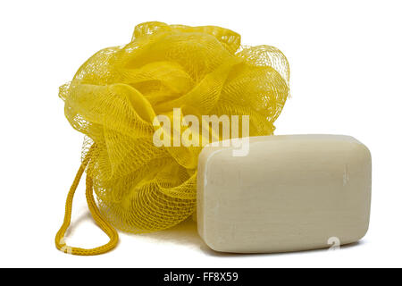 Piece of  soap and bast, isolated on white background Stock Photo