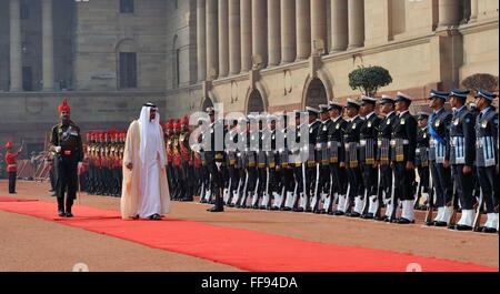 New Delhi, India. 11th Feb, 2016. Abu Dhabi Crown Prince Sheikh Mohammed Bin Zayed Al Nahyan inspects the Honor Guard during the official arrival ceremony at Rashtrapati Bhavan February 11, 2016 in New Delhi, India. Stock Photo