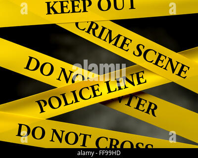 Crime area restricted by several yellow police line tapes Stock Photo