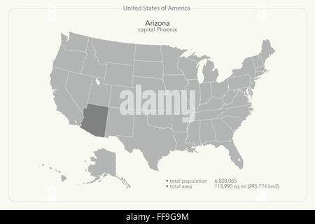 United States of America isolated map and Arizona state territory. vector USA political map. geographic banner template Stock Vector