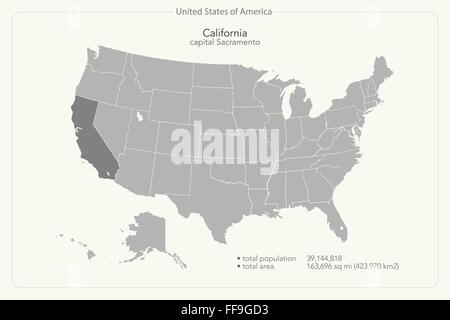 United States of America isolated map and California state territory. vector USA political map. geographic banner template Stock Vector