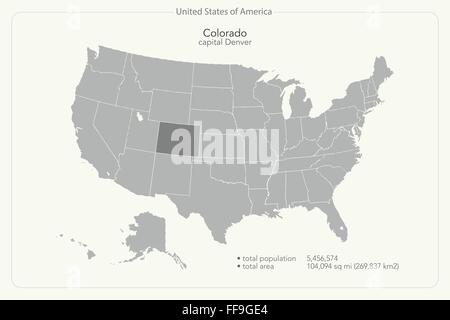 United States of America isolated map and Colorado state territory. vector USA political map. geographic banner design Stock Vector