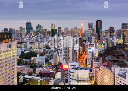 Tokyo, Japan cityscape towards Tokyo Tower. Stock Photo