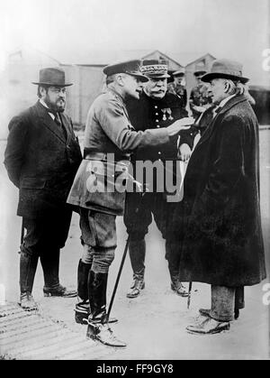 Albert Thomas, French Undersecretary for Munitions; General Douglas Haig, Commander-in-Chief of the British Army; General Joseph Jacques Césaire Joffre, Commander-in-Chief of the French Army and David Lloyd George, British Minister of Munitions. Taken at the 14th Army Headquarters, Meute, Somme, France on Sept. 12, 1916 during the  World War I Battle of the Somme. Photo from Bain News Service Stock Photo