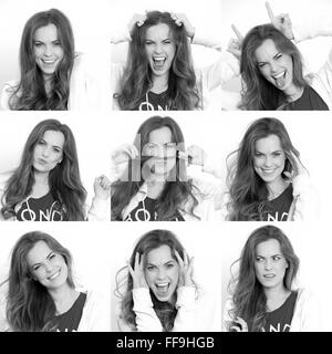 photos of a woman showing various emotions and expressions black & white Stock Photo