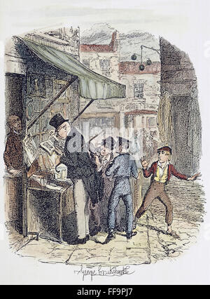 OLIVER TWIST, 1837-38. /nOliver amazed at the Dodger's mode of 'going to work.' Etching by George Cruikshank to the first edition, 1837-38, of Charles Dickens' 'Oliver Twist.' Stock Photo