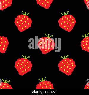 Seamless background of pixel-art strawberry Stock Vector