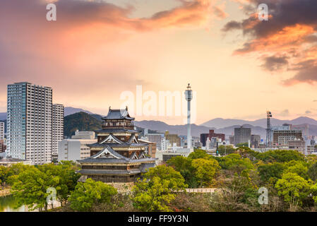 Hiroshima, Japan morning cityscape with the castle. Stock Photo