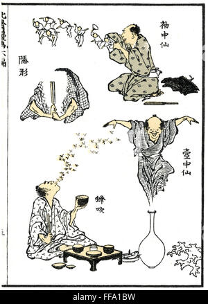 HOKUSAI: MANGA, 1819. /nJapanese magicians performing vanish magic, sleeve magic, exhaling bees and vase magic in this woodblock print, 1819, from the 'Manga' of Katasushika Hokusai. Stock Photo