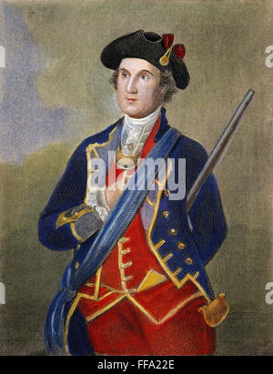 GEORGE WASHINGTON /n(1732-1799) as a colonel in the Virginia Militia: steel engraving after a copy by Anson Dickinson of Charles Wilson Peale's portrait of 1772. Stock Photo