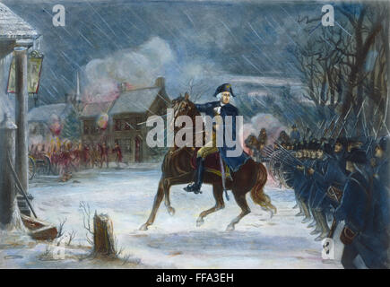 BATTLE OF TRENTON, 1776./nGeneral George Washington leading the early morning attack on Trenton, New Jersey, Dec. 26, 1776: steel engraving, 1876. Stock Photo