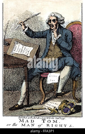THOMAS PAINE CARTOON, 1791. /n'Mad Tom or the Man of Rights.' English cartoon, 1791, depicting Anglo-American political philosopher and writer, Thomas Paine (1737-1809), writing his 'Rights of Man,' in which he defended the early events of the French Revo Stock Photo