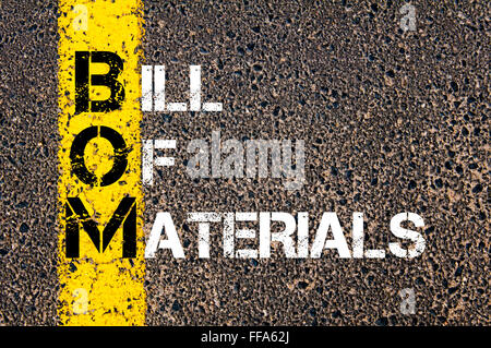 Concept image of Business Acronym BOM Bill Of Materials written over road marking yellow paint line Stock Photo