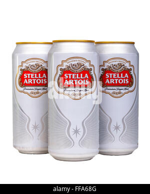 Stella Artois cans studio lit Stock Photo