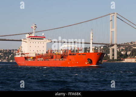 Orange Tanker Ship Passing in Bosphorus Strait Stock Photo