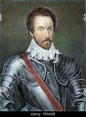 SIR WALTER RALEIGH /n(1552-1618). English adventurer, courtier, and writer. Steel engraving, English, 1830. Stock Photo