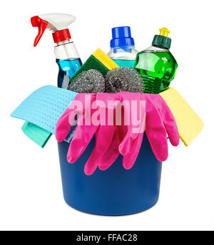 bucket with household cleaners and products on white background Stock Photo