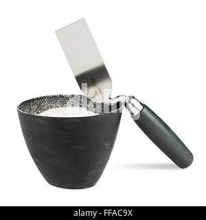 trowel with bucket of filler isolated on white background Stock Photo