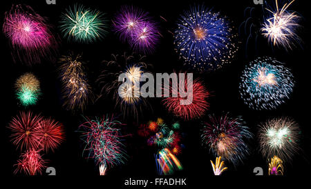 collection of colorful fireworks on black background Stock Photo