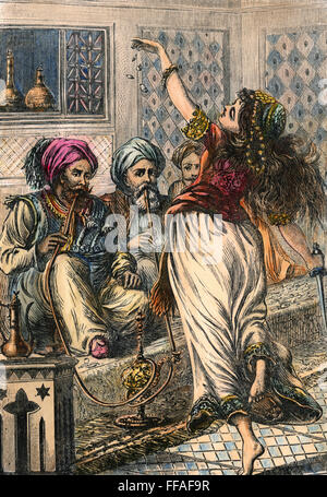 ALI BABA AND 40 THIEVES./nMorgiana performs the 'dagger dance' before the 40 thieves. Wood engraving, 19th century, for the tale of Ali Baba from 'Arabian Nights.' Stock Photo
