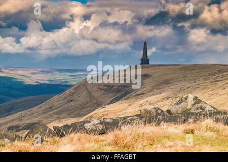 Stoodley Pike memorial folly, standing on the moors at Mankinholes above Todmorden, Calderdale, West Yorkshire, UK Stock Photo