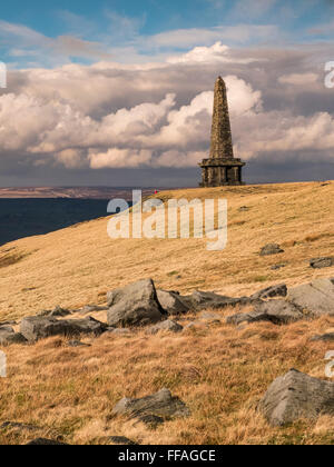 Stoodley Pike memorial folly, standing on the moors at Mankinholes above Todmorden, Calderdale, West Yorkshire, UK Stock Photo