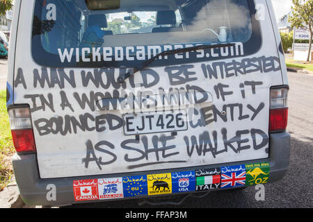 Graffiti painted,grafitti,graffiti,van,vehicle,car, campervan,campervans of Wicked car,van rental company in Auckland,New Zealand. Stock Photo