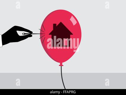 Real estate crisis and declining real estate prices concept. Vector illustration of hand and needle bursting a bubble or balloon Stock Vector