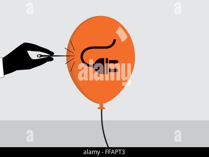 Concept of declining energy prices and energy crisis. Vector illustration in flat design of needle bursting the bubble. Stock Vector