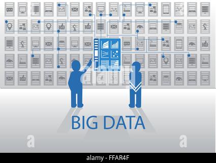 Two icon persons analyzing big data via dashboard Stock Vector