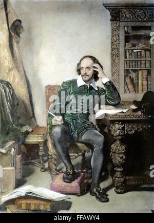 WILLIAM SHAKESPEARE /n(1564-1616). English dramatist and poet. Colored engraving, late 19th century, after the painting, 1855, by John Faed. Stock Photo