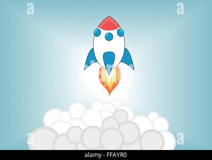 Simplified cartoon rocket launching up into the sky Stock Vector