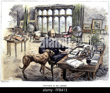 LORD ALFRED TENNYSON /n(1809-1892). 1st Baron Tennyson. English poet. Tennyson in his library with his dog. Colored engraving, 19th century. Stock Photo
