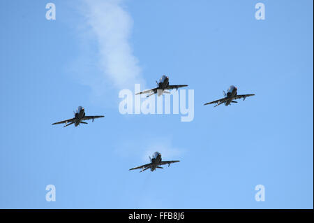 Four RAF Hawk planes from RAF Leeming are shown flying over Leeds Bradford Airport, West Yorkshire. Stock Photo