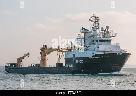 The British (Merchant Navy) manned MOD support ship SD Northern River arriving at Portsmouth, UK on the 30th September 2014. Stock Photo