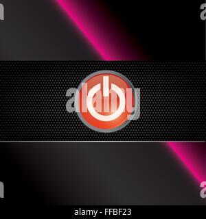 Power red shiny button on carbon background with neon light Stock Vector