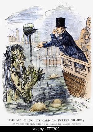 MICHAEL FARADAY /n(1791-1867). English chemist and physicist. 'Farady Giving His Card to Father Thames.' English cartoon, 1855, on Faraday's analysis of the polluted waters of the river Thames. Stock Photo