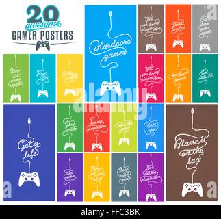 Collection of 20 PC Gaming Related Posters with Gamepad and Cable in the Shape of a Message on Coloured Background Stock Vector