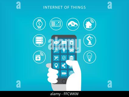 Internet of things concept. Vector illustration of hand holding smart phone and connecting to devices. Stock Vector