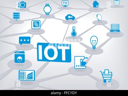 IOT (internet of everything) vector illustration. 3D connection of various objects and devices. Blue icons on light background Stock Vector