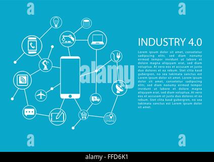 Industry 4.0 / industrial internet of things concept with mobile phone connected to network of devices. Vector template. Stock Vector