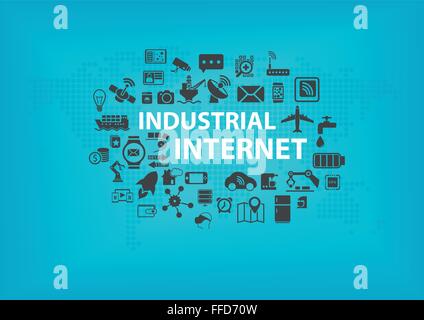 Industrial Internet (IOT) concept with world map and icons of connected devices with blue background Stock Vector
