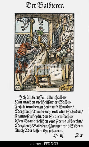 BARBER-SURGEON, 1568. /nA barber-surgeon with a customer in his shop, where, in addition to cutting hair, he pulls teeth, provides salves for wounds and broken bones, treats syphilis and bleeds patients. Woodcut, 1568, by Jost Amman. Stock Photo