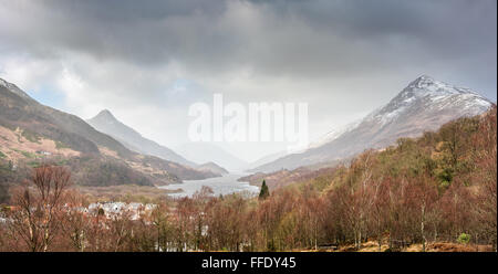 Loch Leven as seen from the town of Kinlochleven, with the mountain na Caillich on the right, and the mountain Garb on the left Stock Photo