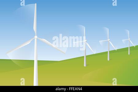Wind turbine farm in green fields during sunrise Stock Vector